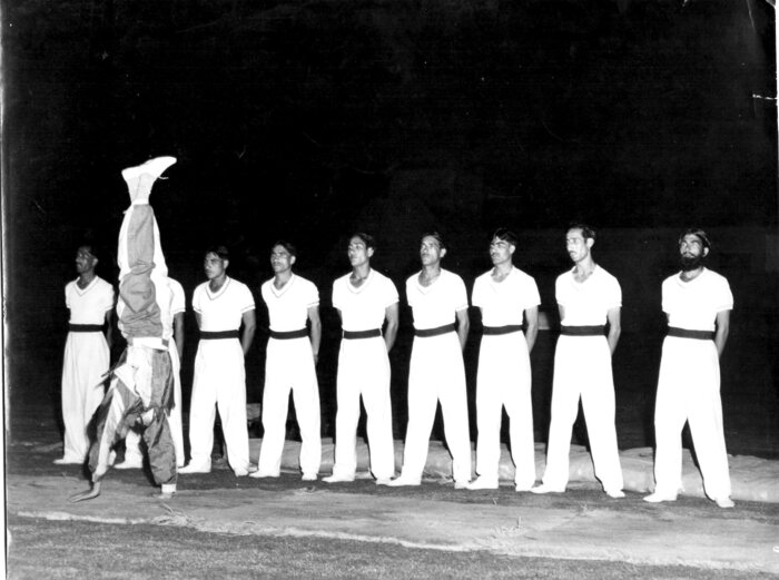 Physical training display at the College before 1970
